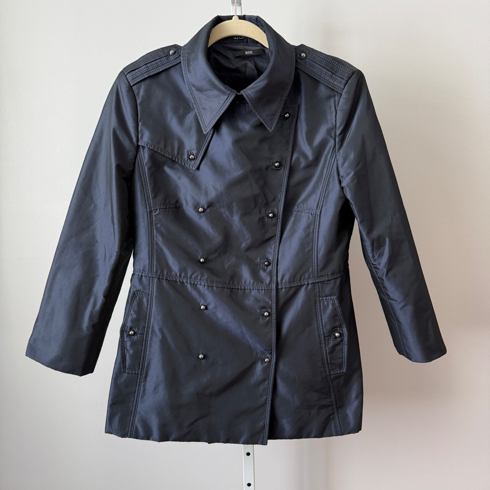 Hugo Boss 10 Blue Silk Double Breasted Trench Jacket Epaulettes Luxury